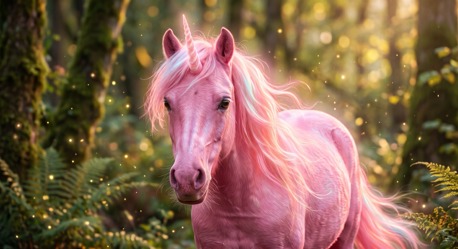 AI-generated illustration of a pink unicorn with a flowing pastel mane, standing in a sunlit forest