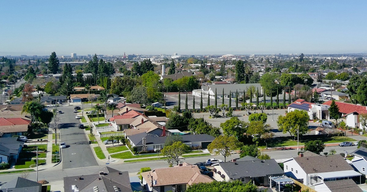 An aerial view of an American residential neighborhood of single-family homes, with a city skyline on the horizon