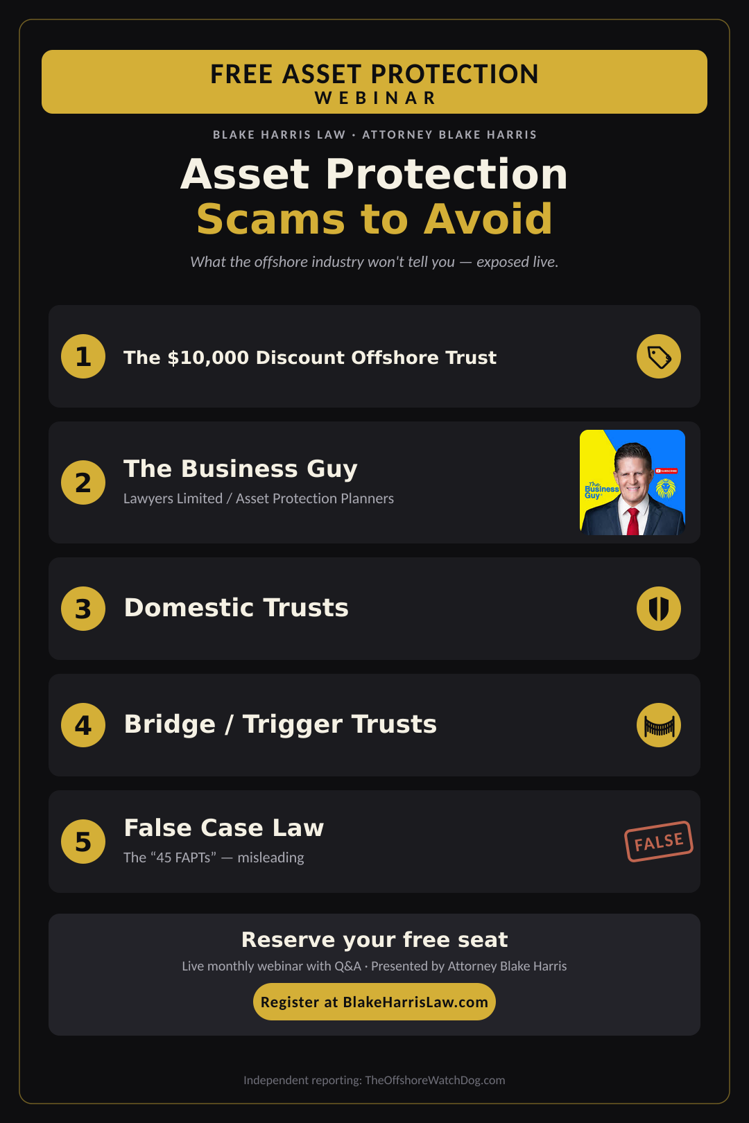Free Asset Protection Webinar — Asset Protection Scams to Avoid, presented by Attorney Blake Harris