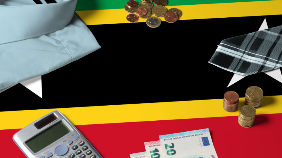 calculator coins and banknotes on st.kitts and nevis flag