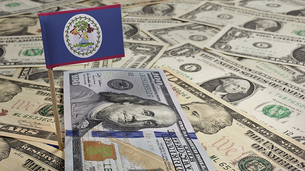 flag of belize sticking in a variety of us banknotes