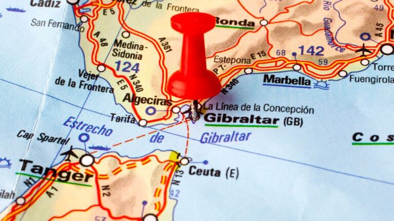 world map with red pin pointed at Gibraltar