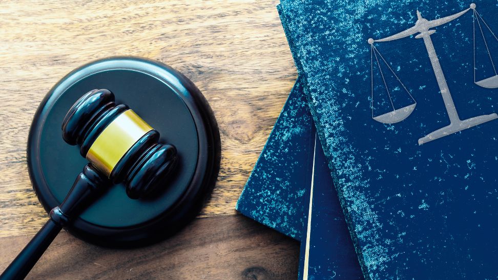 top view of gavel and stack of law books